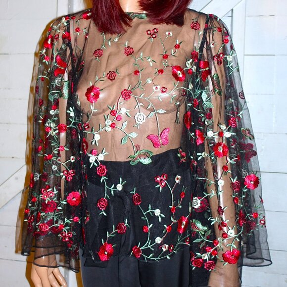 Rose Collection Black Sheer Floral Blouse M NWT - Picture 3 of 8